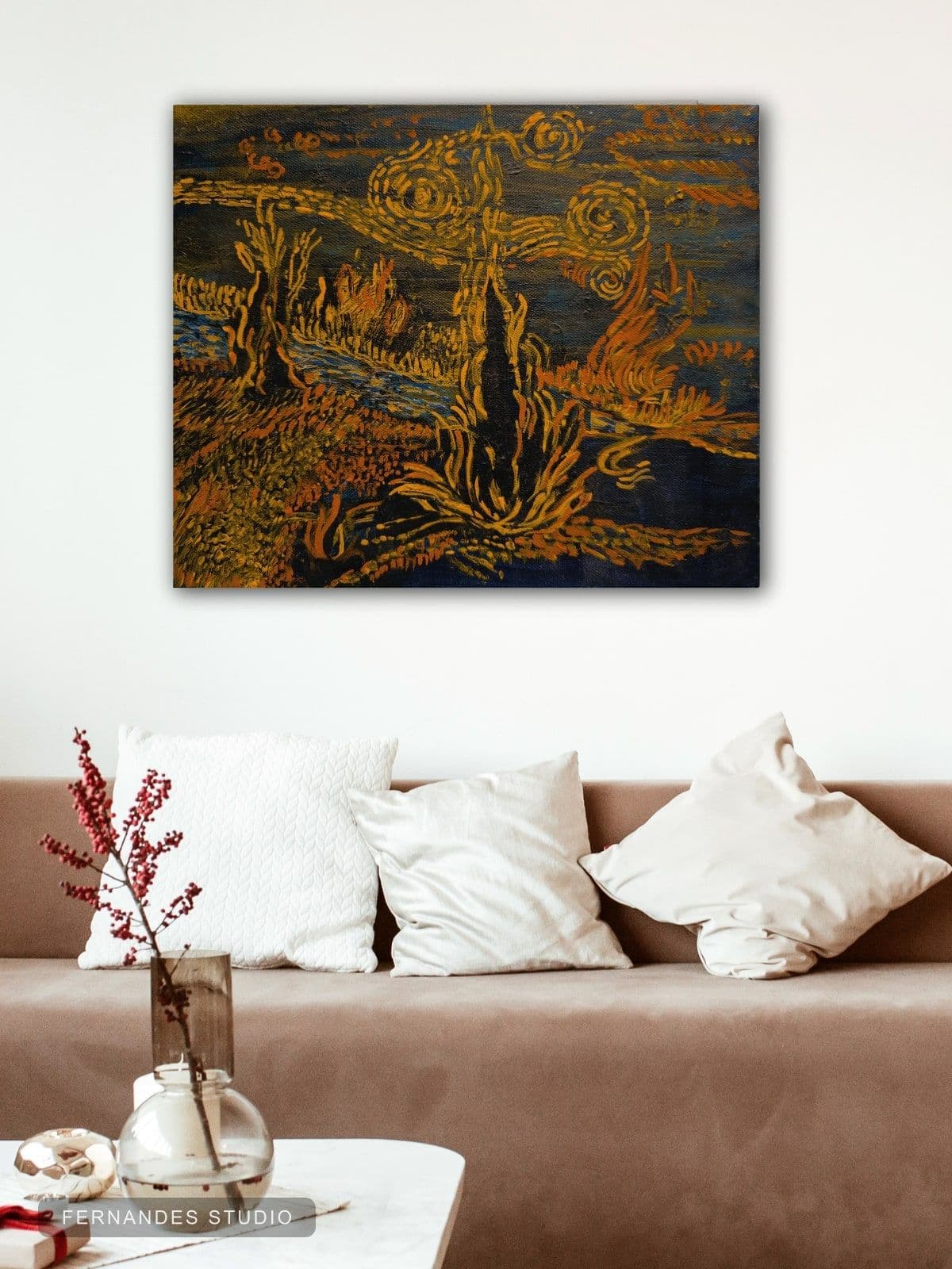 Fiery Nights — an abstract night scene in deep blue and gold, inspired by Van Gogh's Starry Night
