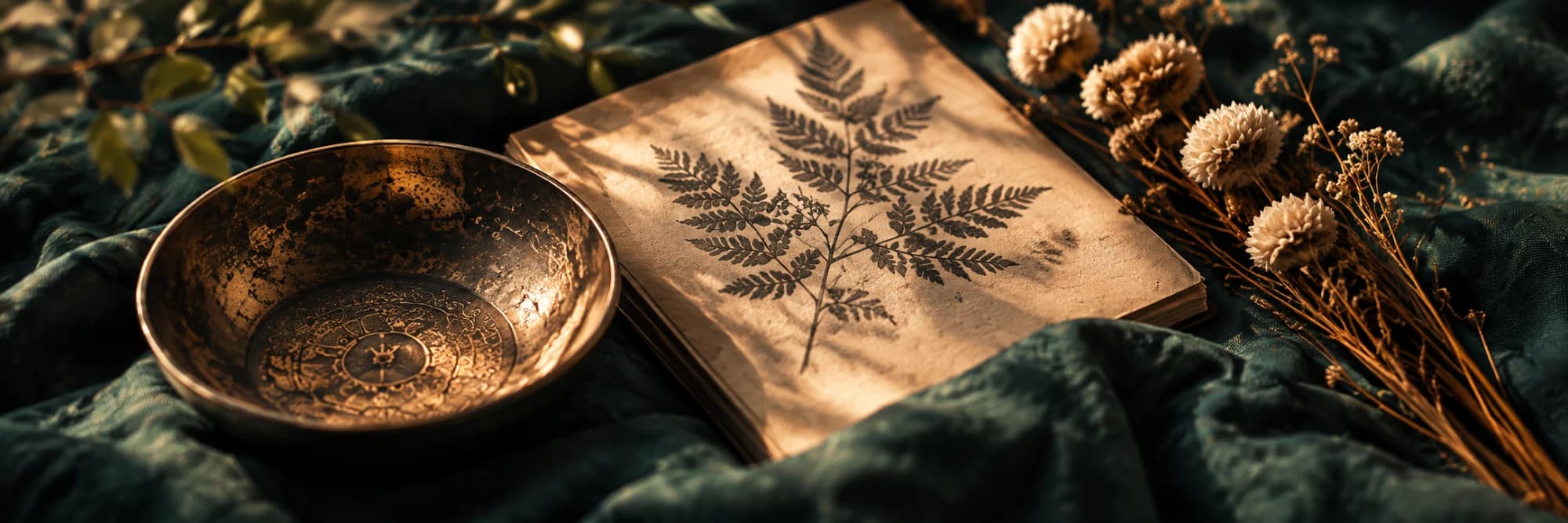A still life: a brass bowl, a book with a fern print and dried flowers on dark teal fabric, in warm light