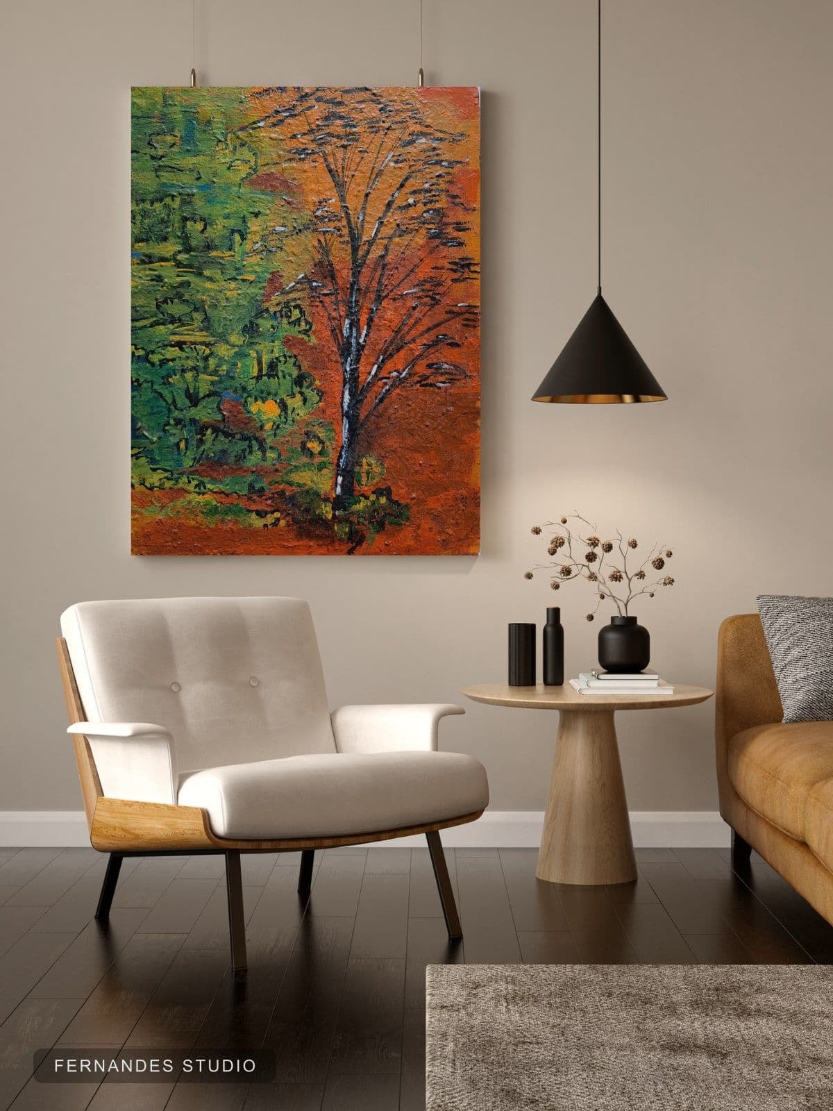 Forest Scenery — a single tree split between cool green shadow and warm amber light, framed on a gallery wall