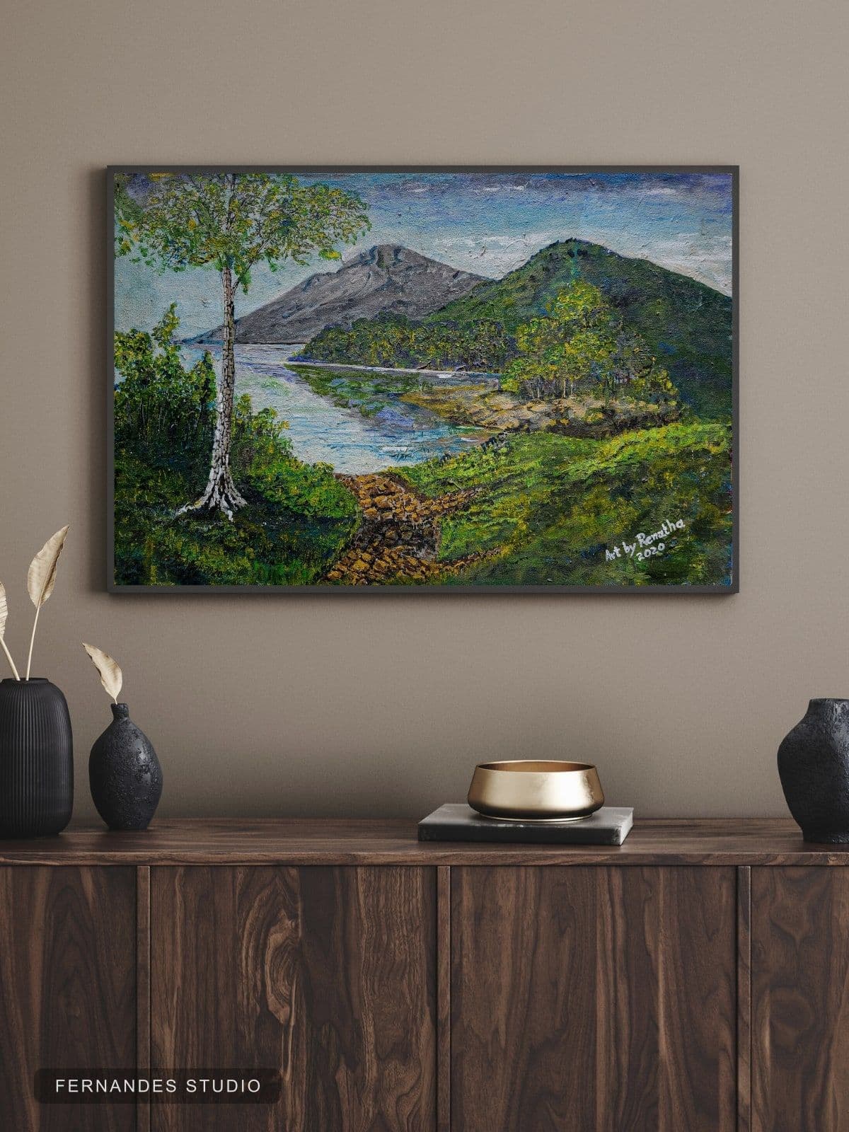 Landscape Painting — a mountain and lake scene, signed Art by Renatha 2020