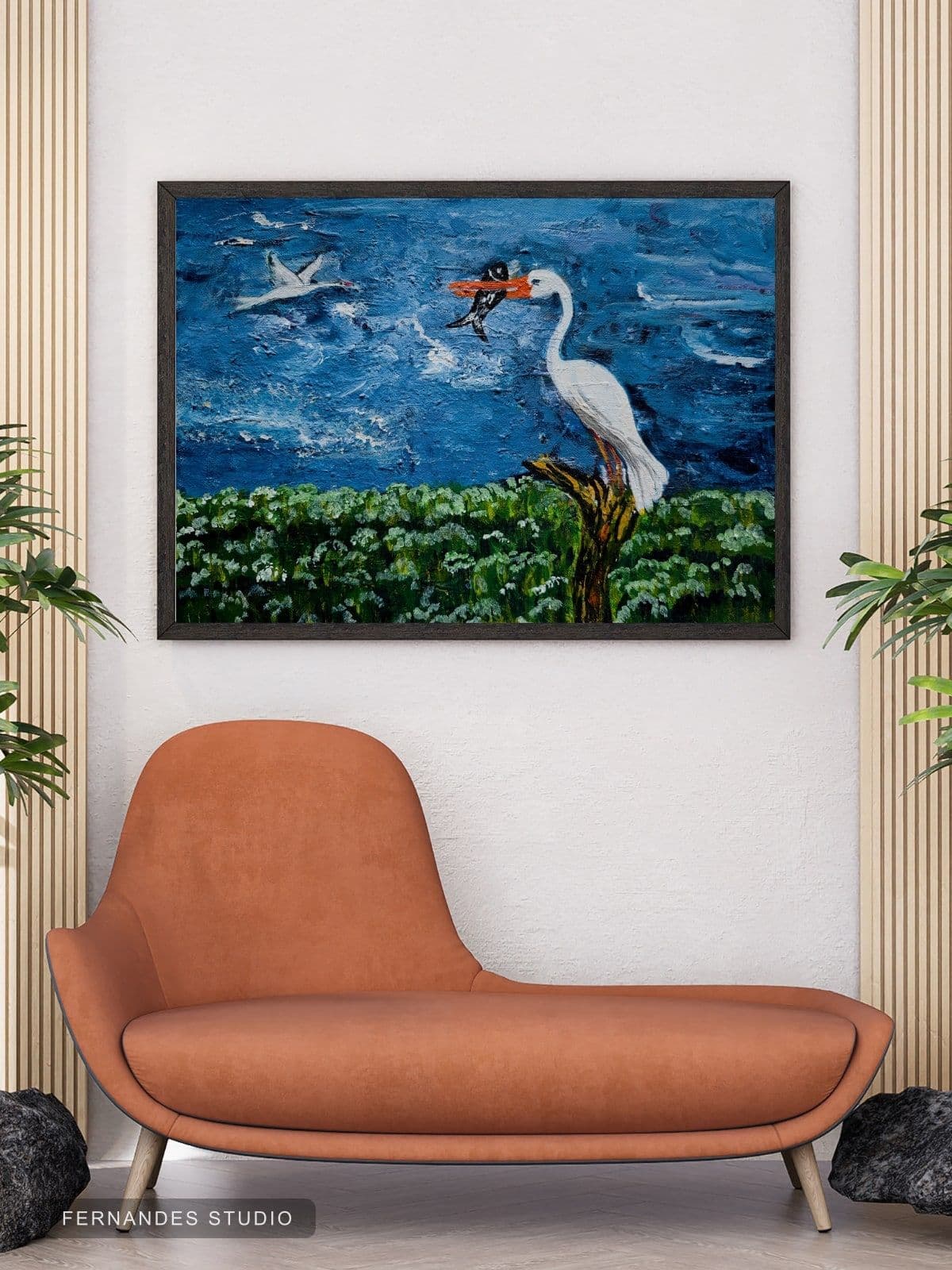 The Egret's Watch — a white egret perched above a wildflower meadow under a deep blue sky, framed on a gallery wall